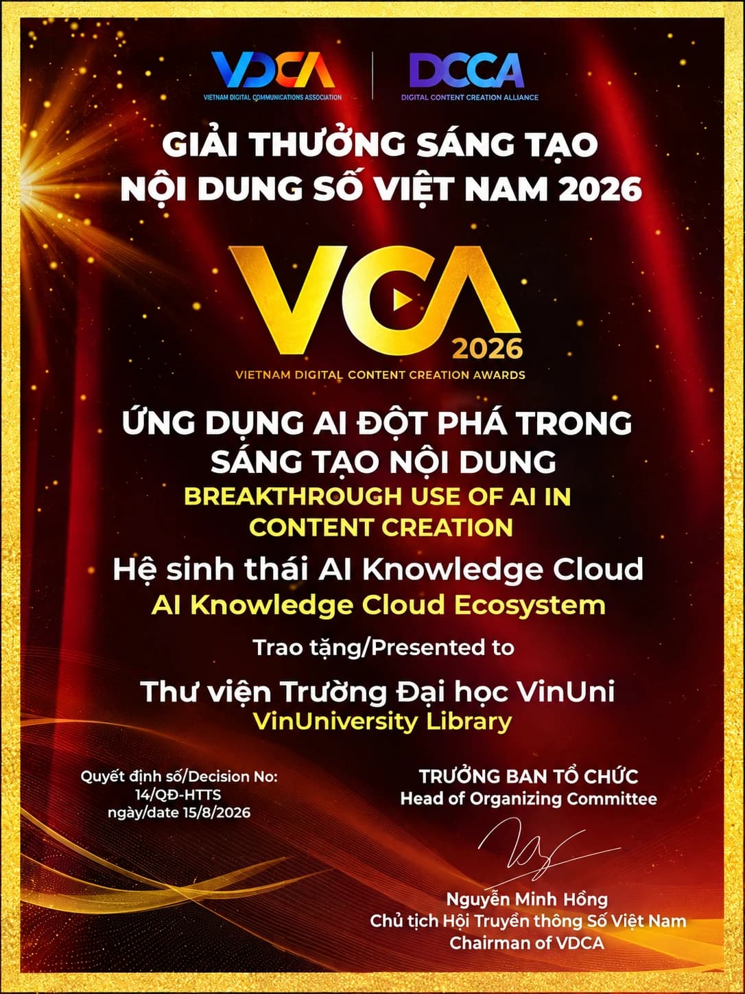 Giấy chứng nhận VCA 2026: Ứng dụng AI đột phá trong sáng tạo nội dung, trao tặng Thư viện Trường Đại học VinUni